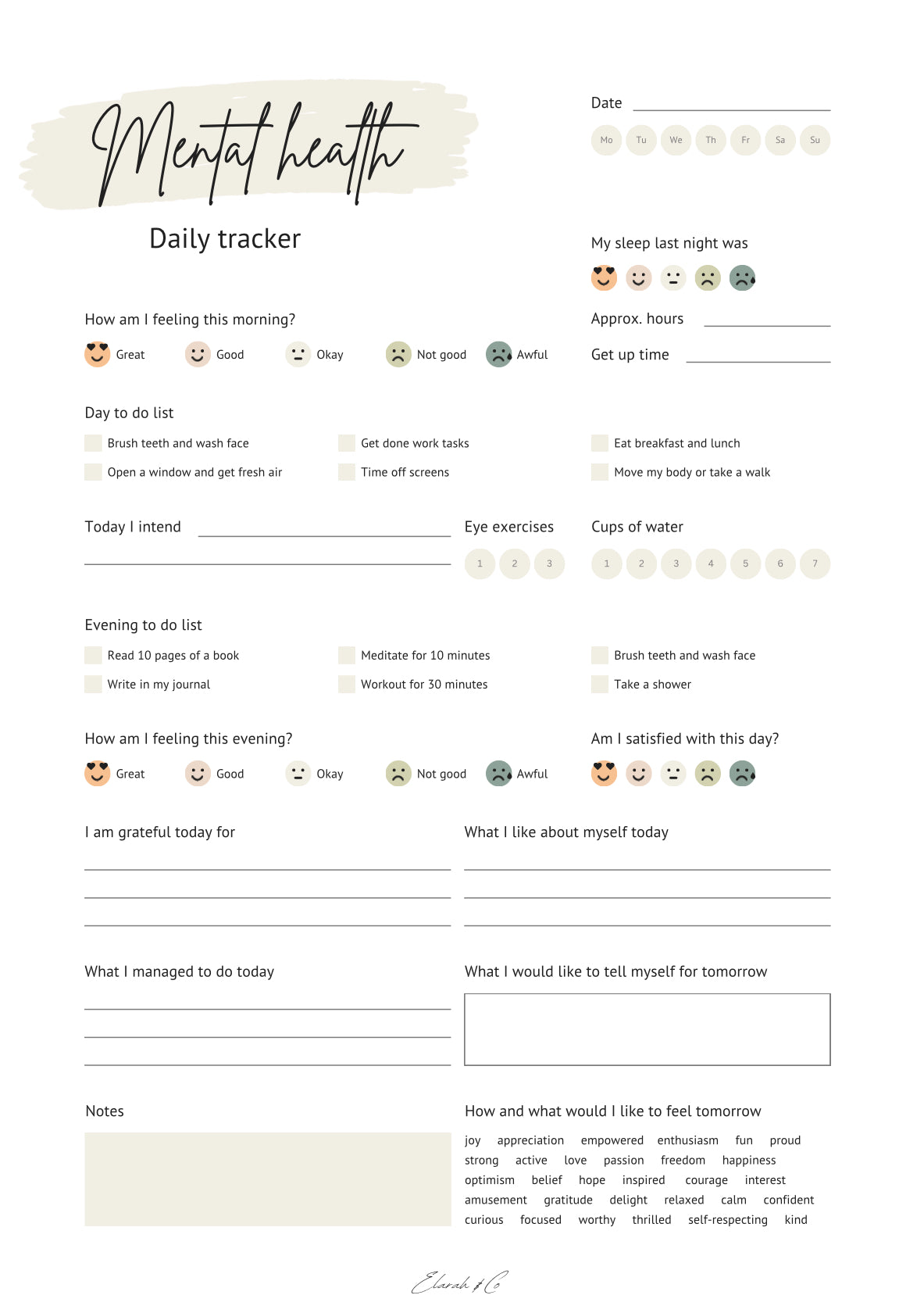 Daily Mental Health Tracker – Printable A4 Self-Care Planner