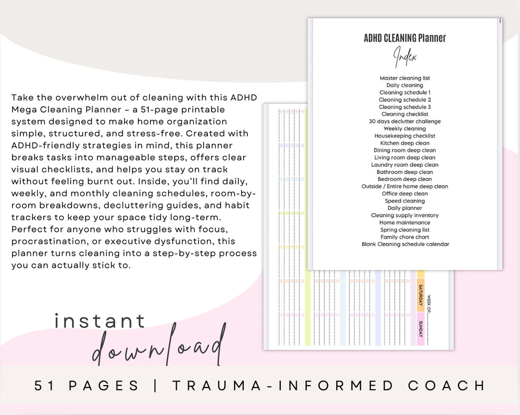 ADHD Mega Cleaning Planner – 51 Page Printable Cleaning Schedule & Organization System