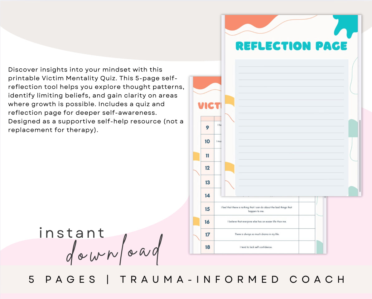 Victim Mentality Quiz – 5-Page Printable Self-Reflection Worksheet (Digital Download)