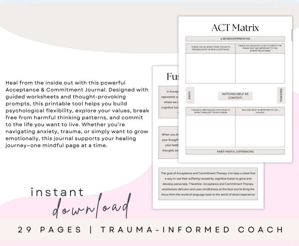 Acceptance & Commitment Therapy Journal – Printable ACT Workbook (28 Pages)