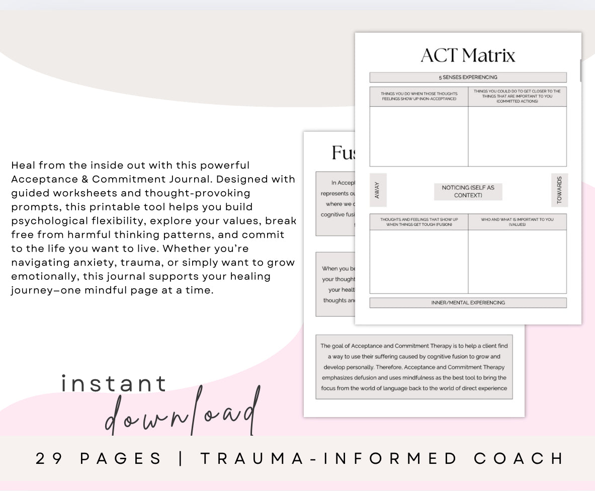 Acceptance & Commitment Therapy Journal – Printable ACT Workbook (28 Pages)