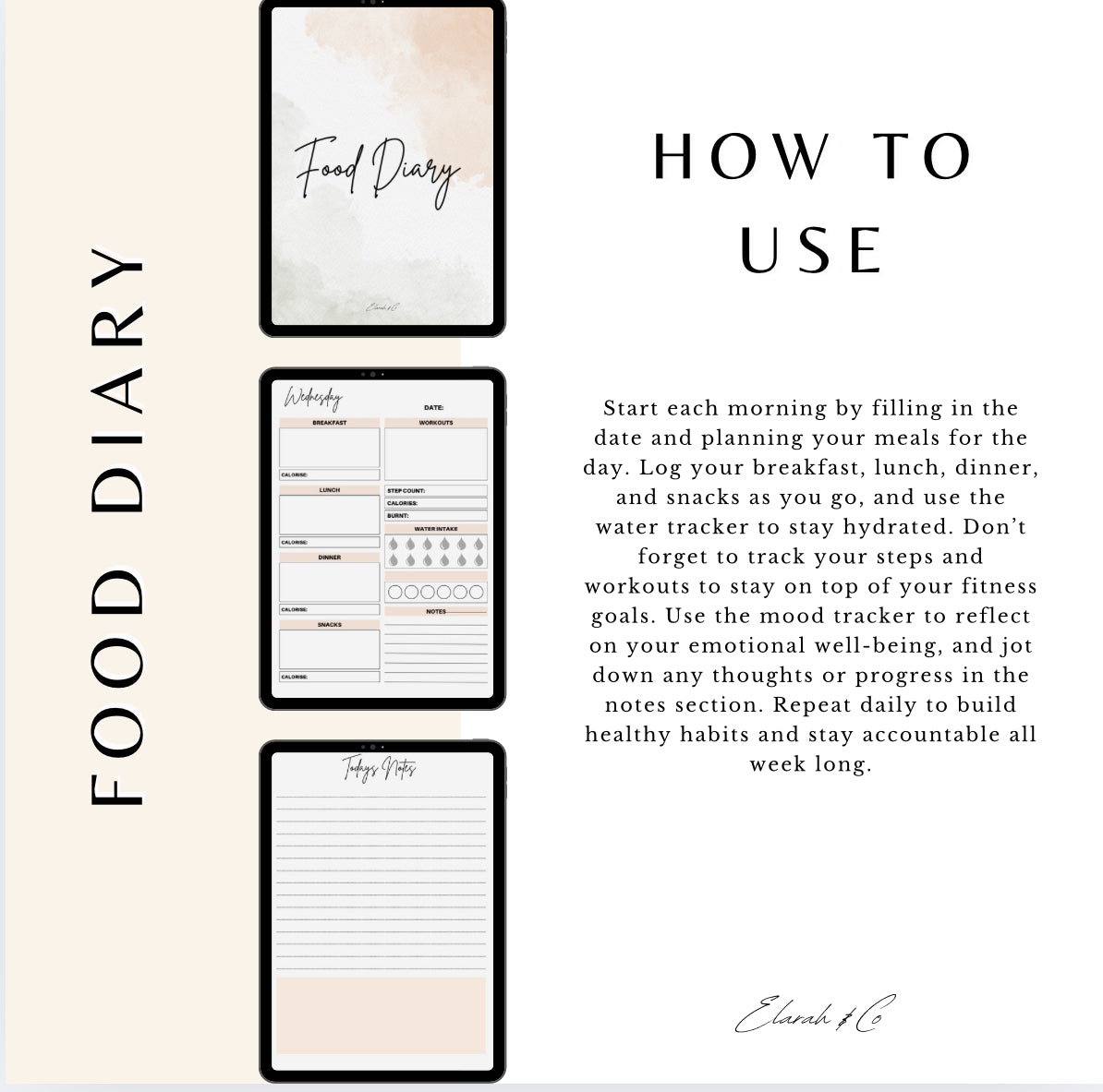 7-Day Printable Food Diary | Weight Loss, Step Count, Mood & Meal Tracker | Elarah Wellness PDF Planner