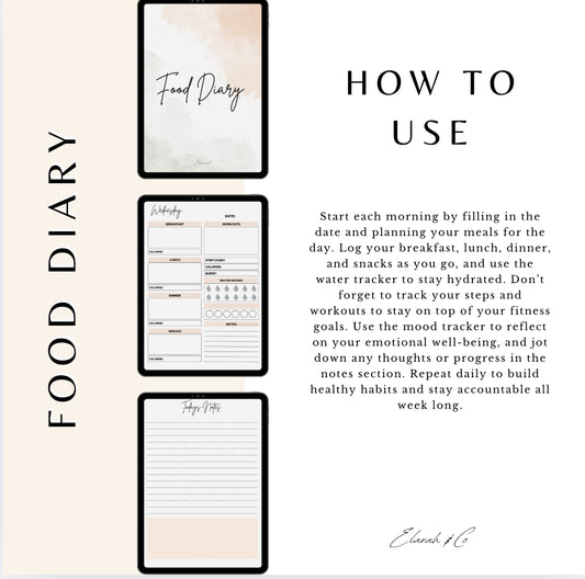 7-Day Printable Food Diary | Weight Loss, Step Count, Mood & Meal Tracker | Elarah Wellness PDF Planner