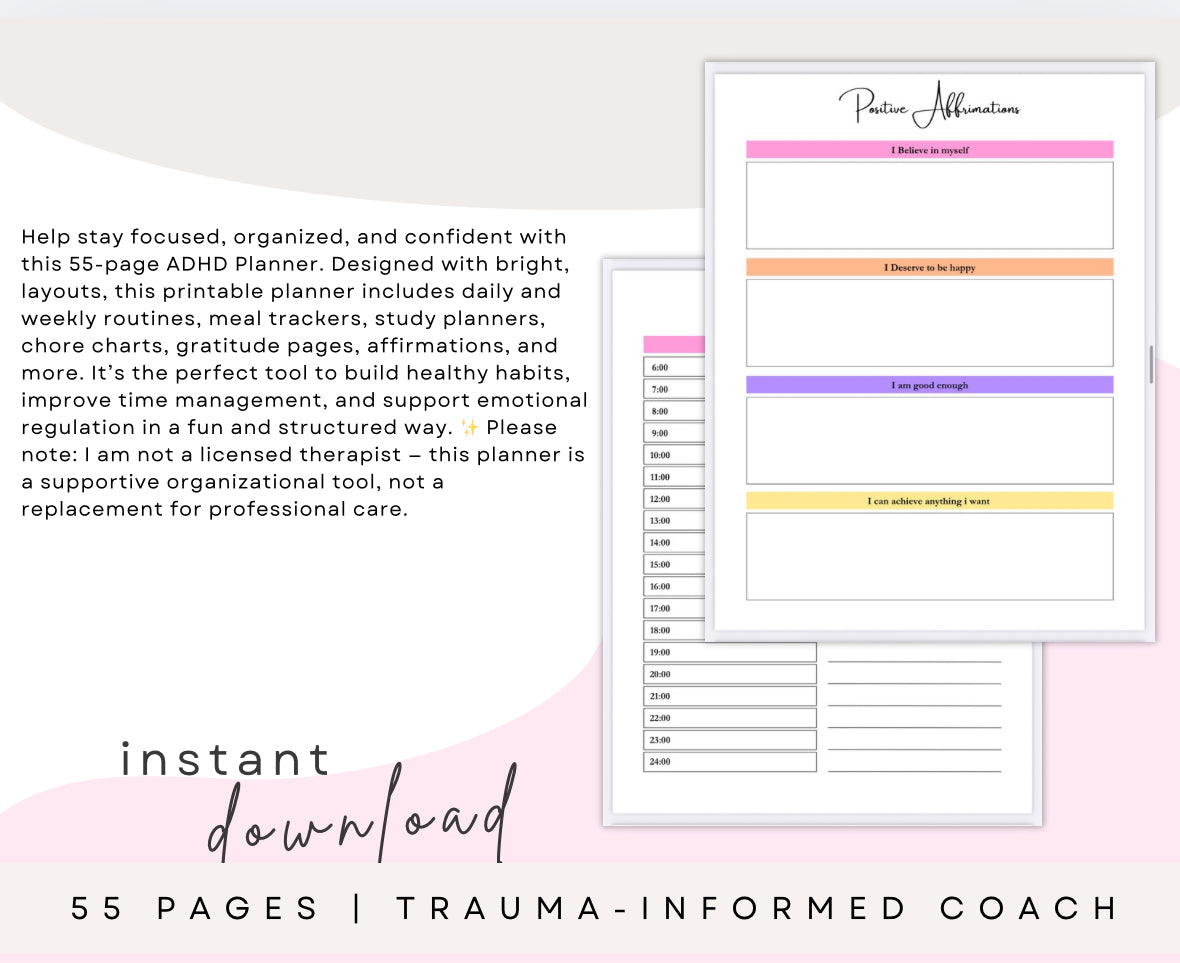 ADHD Planner – 55-Page Printable Routine, Study & Chore Chart Planner (Digital Download)