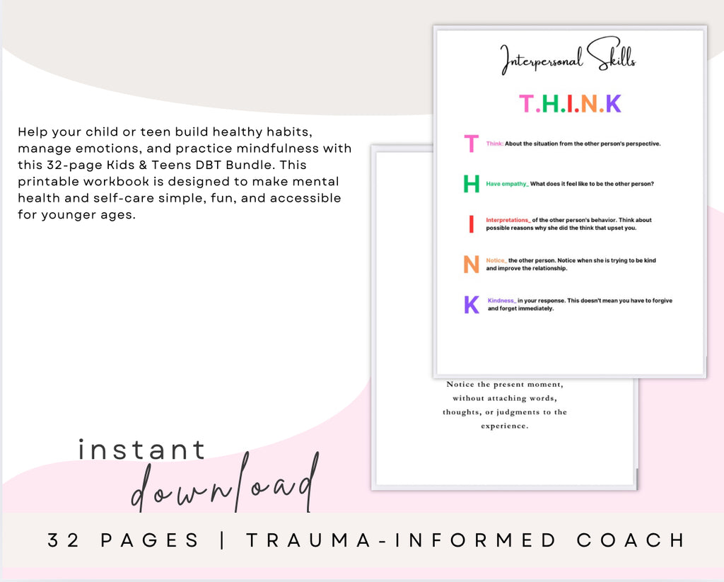 Kids & Teens DBT Bundle | 32-Page Printable Mental Health & Self-Care Workbook