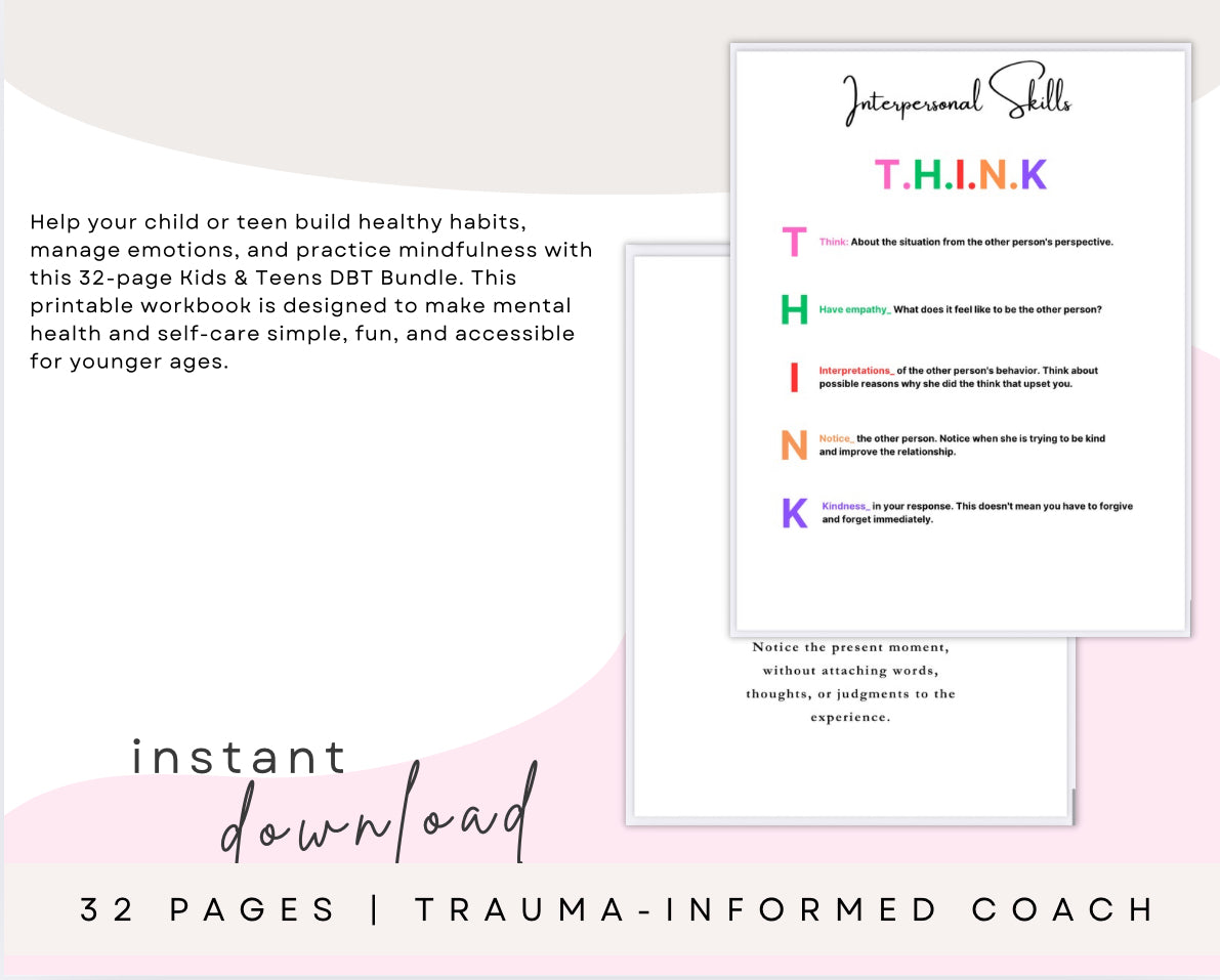 Kids & Teens DBT Bundle | 32-Page Printable Mental Health & Self-Care Workbook