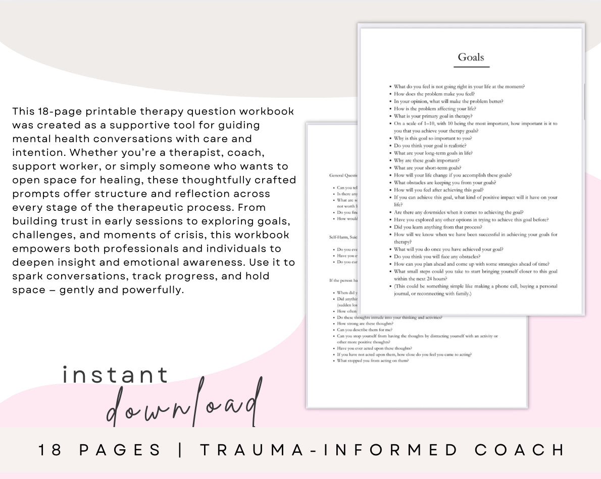 Therapy Workbook | 18-Page Printable Mental Health Worksheets & Prompts | Digital PDF for Therapy Sessions, Self-Healing & Counseling Use