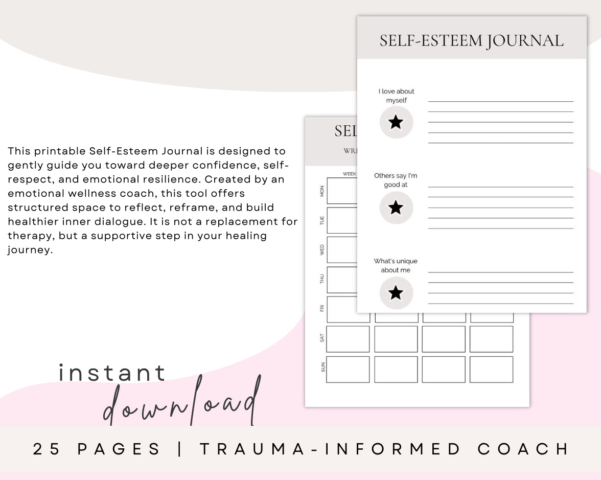 Self-Esteem Journal | Printable Mental Health Workbook | Self-Love, Confidence & Self-Worth Tools | Emotional Healing & Inner Growth PDF