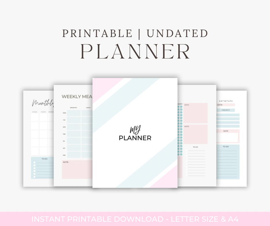 Undated Printable Planner – 18 Pages | Minimal Pastel Aesthetic | A4 + US Letter