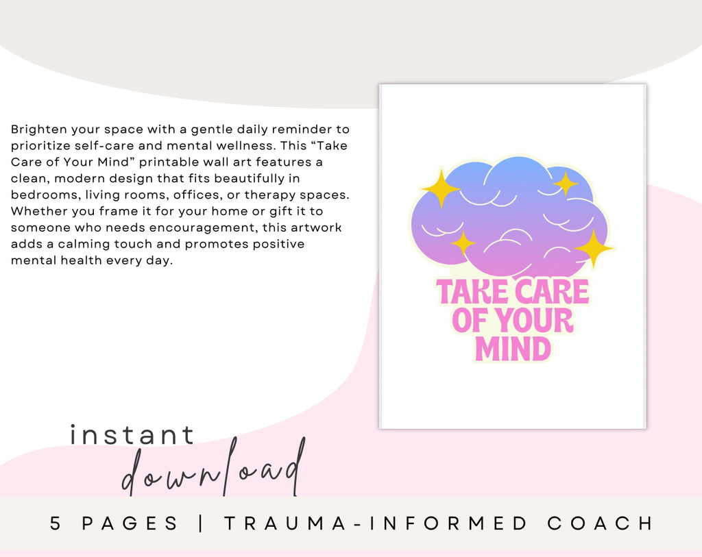 Take Care of Your Mind Printable Wall Art, Self-Care Quote Poster, Mental Health Affirmation Print, Positive Therapy Office Decor