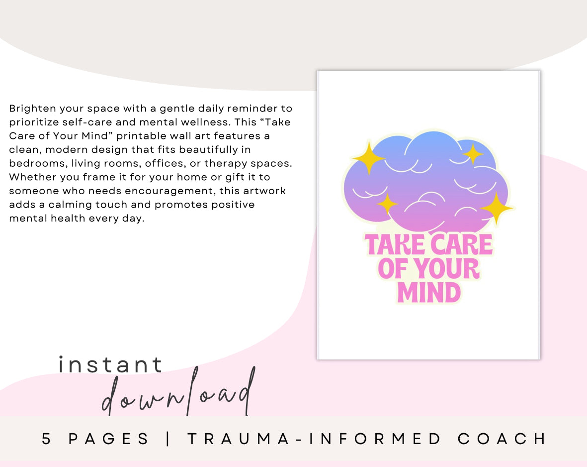 Take Care of Your Mind Printable Wall Art, Self-Care Quote Poster, Mental Health Affirmation Print, Positive Therapy Office Decor