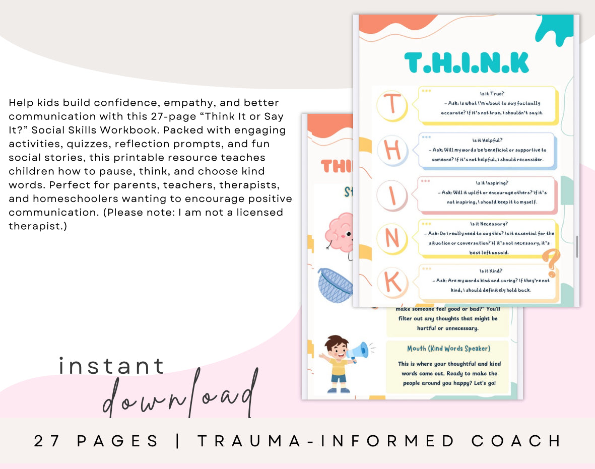 Think It or Say It? Social Skills Workbook (27 Pages Printable) Therapy Worksheets Kids