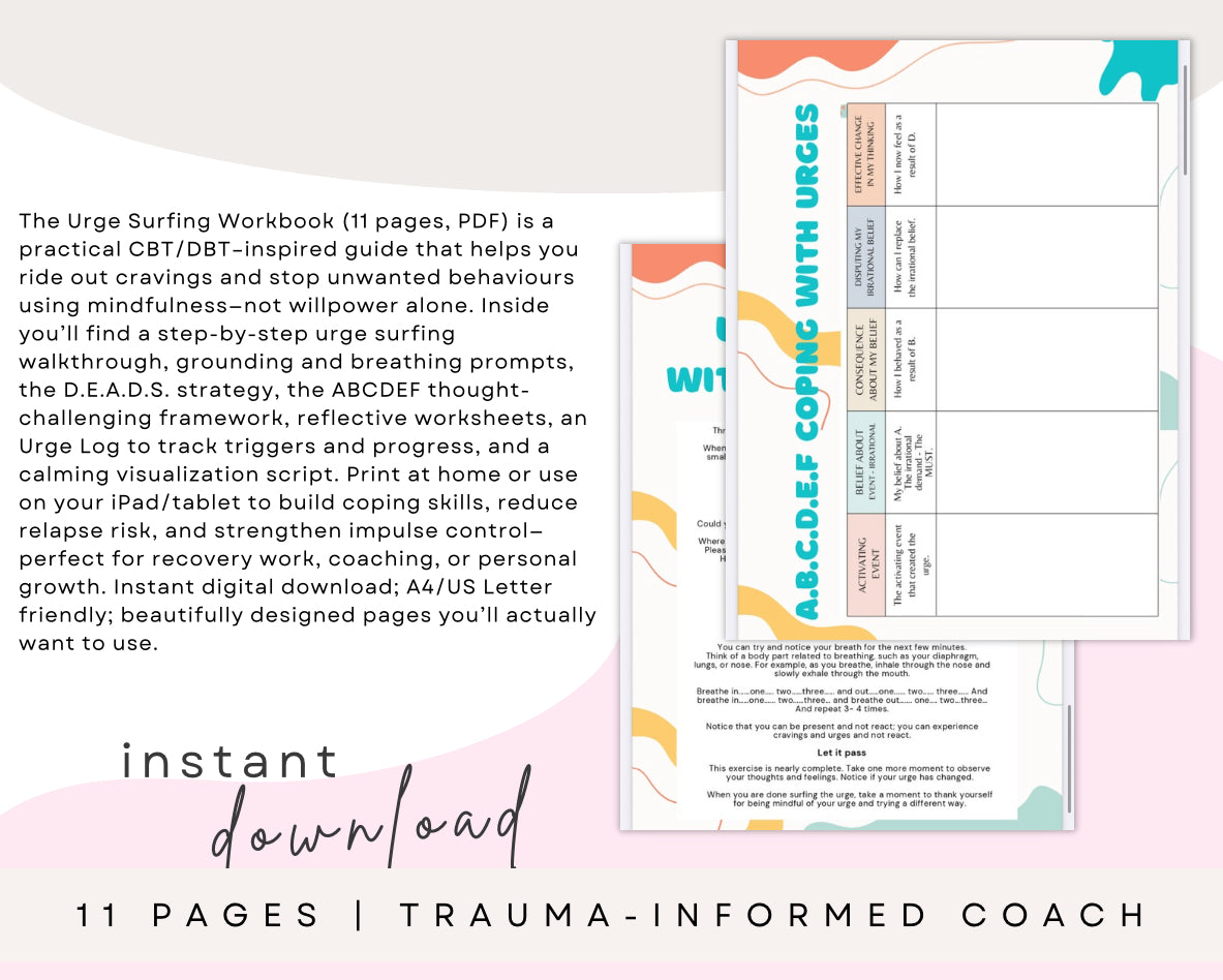 Urge Surfing Workbook – 11-Page CBT & DBT Coping Skills Digital PDF