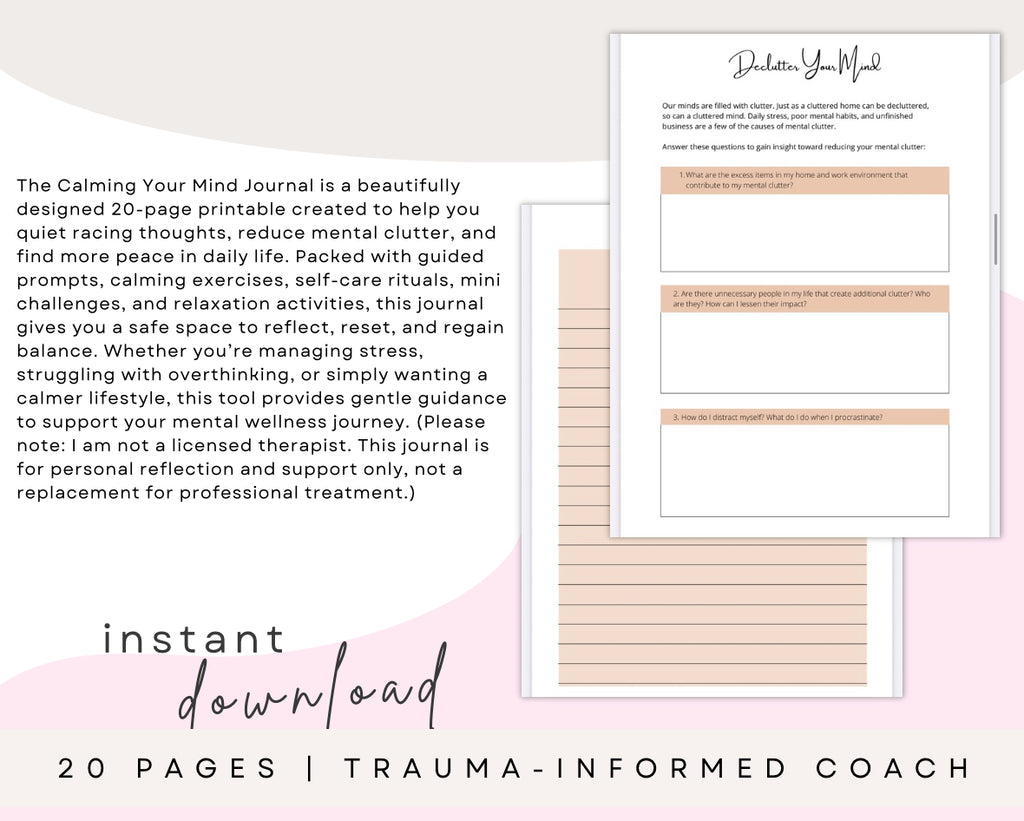 Calming Your Mind Journal – 20 Page Printable for Stress, Anxiety & Mental Wellness Journal