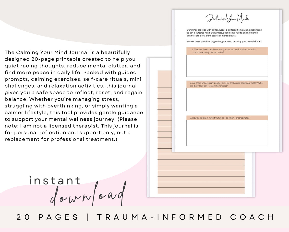 Calming Your Mind Journal – 20 Page Printable for Stress, Anxiety & Mental Wellness Journal