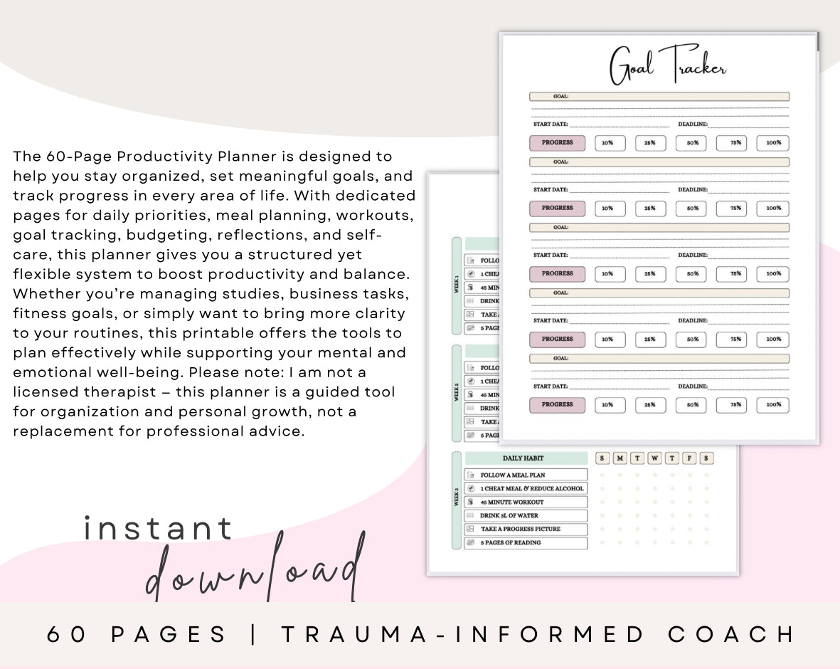 60-Page Printable Productivity Planner | Daily, Weekly & Monthly Goal Setting, Budgeting, Fitness & Self-Care | Digital Download
