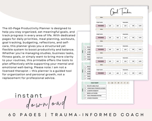 60-Page Printable Productivity Planner | Daily, Weekly & Monthly Goal Setting, Budgeting, Fitness & Self-Care | Digital Download